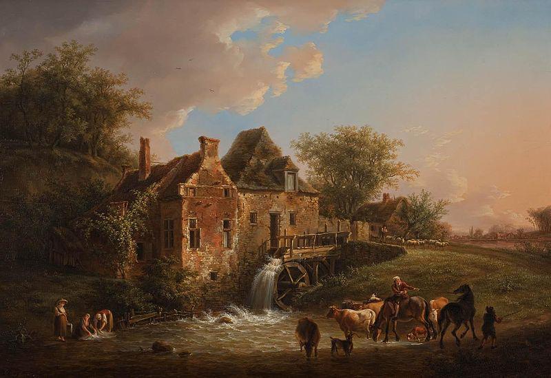 Henri van Assche Landscape with waterfall and farm oil painting image